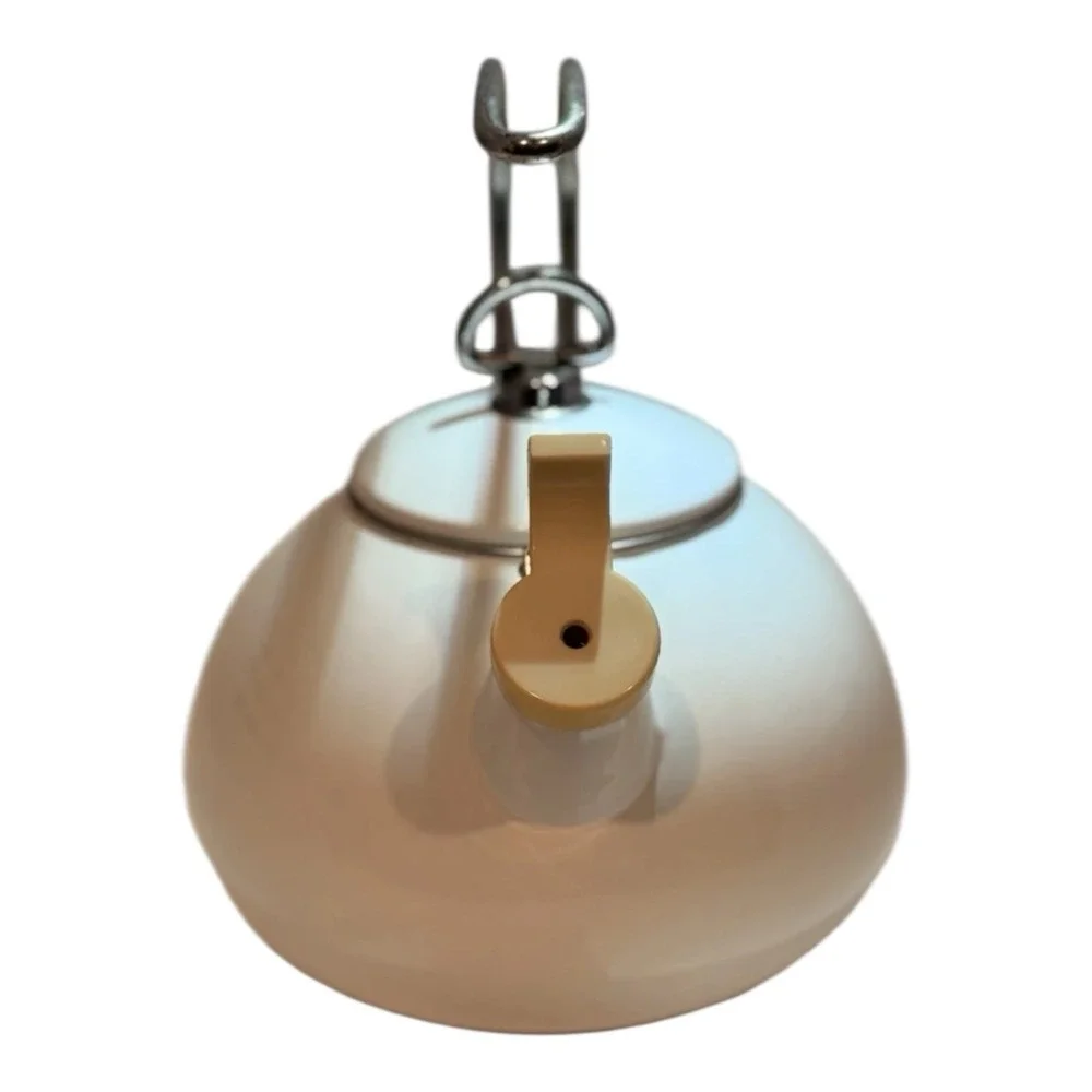 Vintage White Enamel Whistling Tea Kettle‎ Flip Spout Chipped